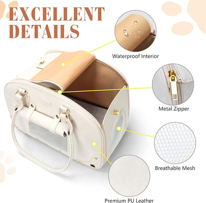 Dog Carrier Purse, Pet Carrier, Foldable Waterproof Premium Leather Pet Travel Portable Bag for Cat and Small Dog Home & Outdoor Small Beige