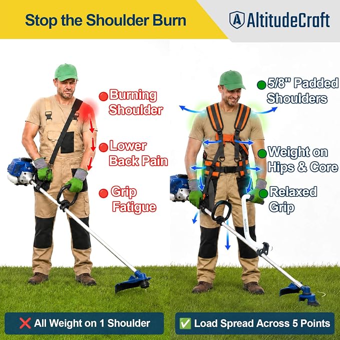 2-in-1 Weed Eater Kit for Tired Back & Shoulders, Patented Weed Eater Handle Extension + Padded Weed Eater Strap Harness, Universal Fit for String Trimmer, Weed Wacker & Brush Cutter