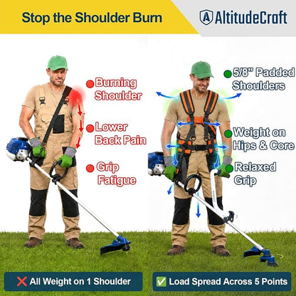 Adjustable Weed Eater Strap, Padded 5-Point Trimmer Harness | Hi-vis orange weed wacker strap harness for string trimmers and brush cutters. Designed for left- or right-handed use.