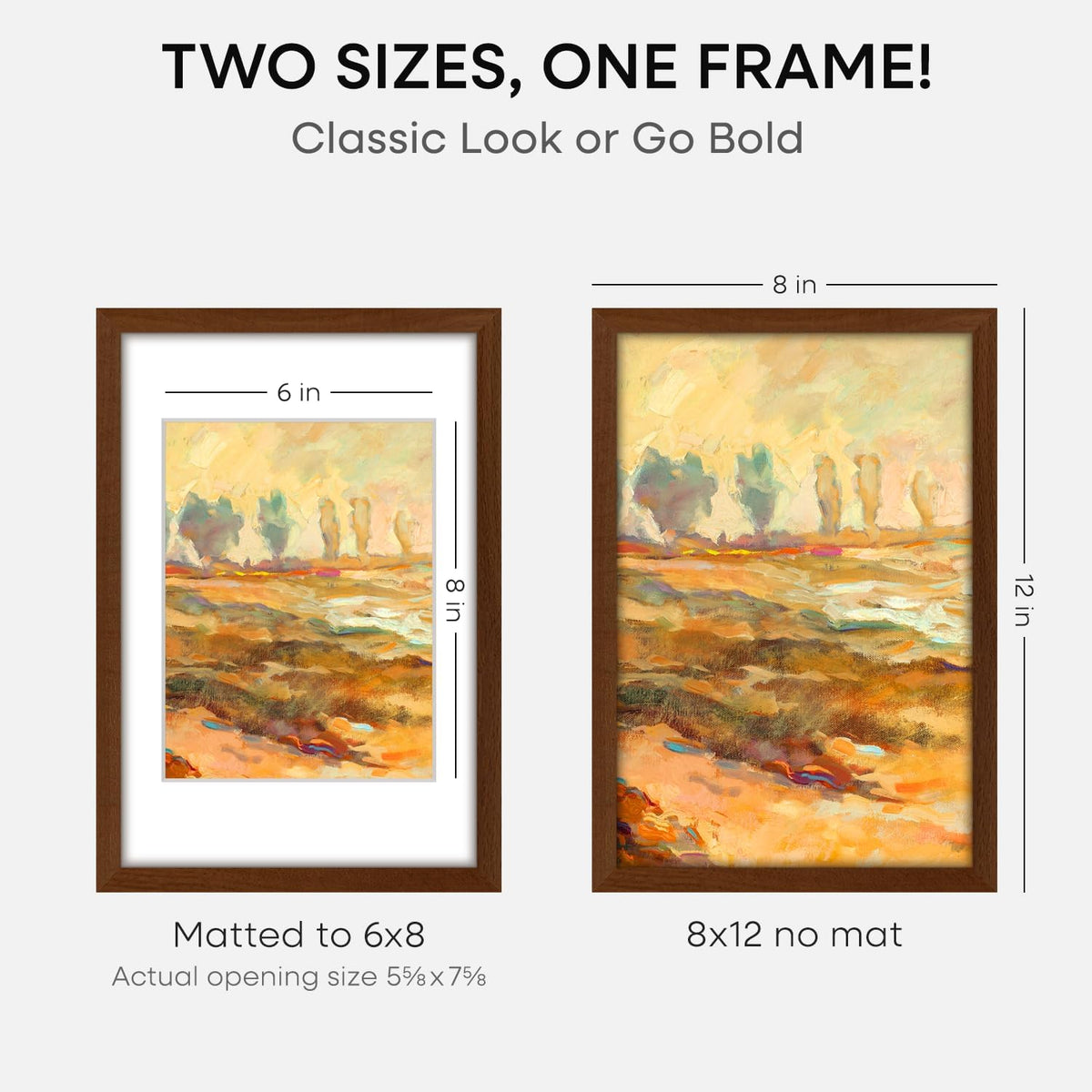Homeforia 12x8 Picture Frame Brown, High End Dark Oak 8x12 Walnut Wooden Frames with Mat 6x8 Photo, 8 x 12 Wood Frame Matted to 6 by 8 Print, Wall or Tabletop Frame, Tempered Glass, Wall Kit, Set of 1