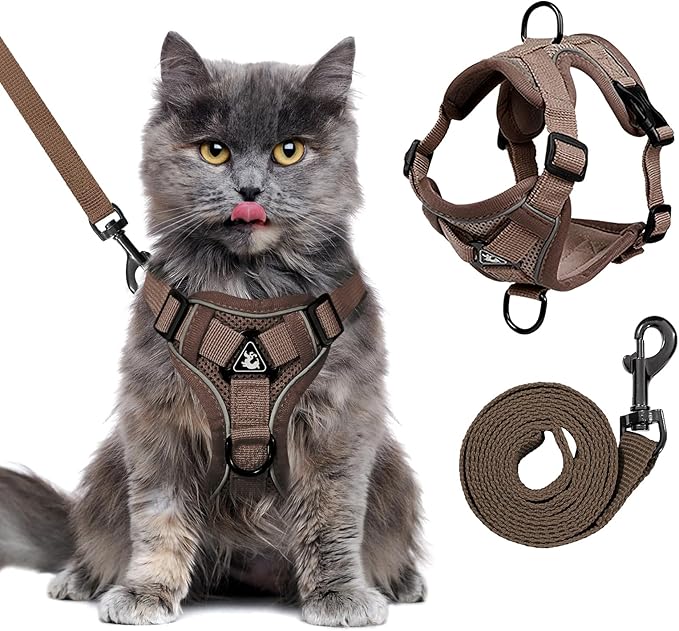 Escape Proof Cat Harness and Leash Set for All Types of Cats - Adjustable Reflective Soft Mesh Vest with 4 Buckles, Breathable Walking Harness for Kittens to XL Cats