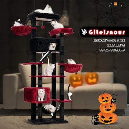 Gitelsnour Gothic Cat Tree for Large Cats, 78.7"(200cm) Tall Cat Tower for Indoor Cats Multiple Cats with Large Top Perch, Cat Condo, Cat Hammcok, Cat Scratching Post, Black and Red GCT031BR