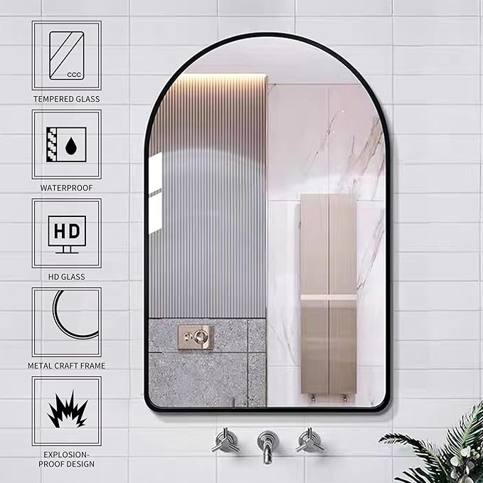 30x40 inch Black Tempered Glass Large Arched Mirror