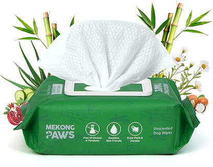 Unscented Pet Grooming Wipes - Natural Bamboo Fiber - Cleansing Wipes for Dog & Cat - Soft & Caring for Sensitive Skin - Durable & Tear Resistant for Paw, Coat & Bum Freshening - 100 Count