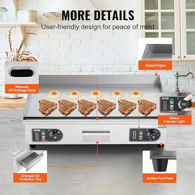 VEVOR Commercial Electric Griddle, 2800W Countertop Flat Top Grill, 122℉-572 ℉