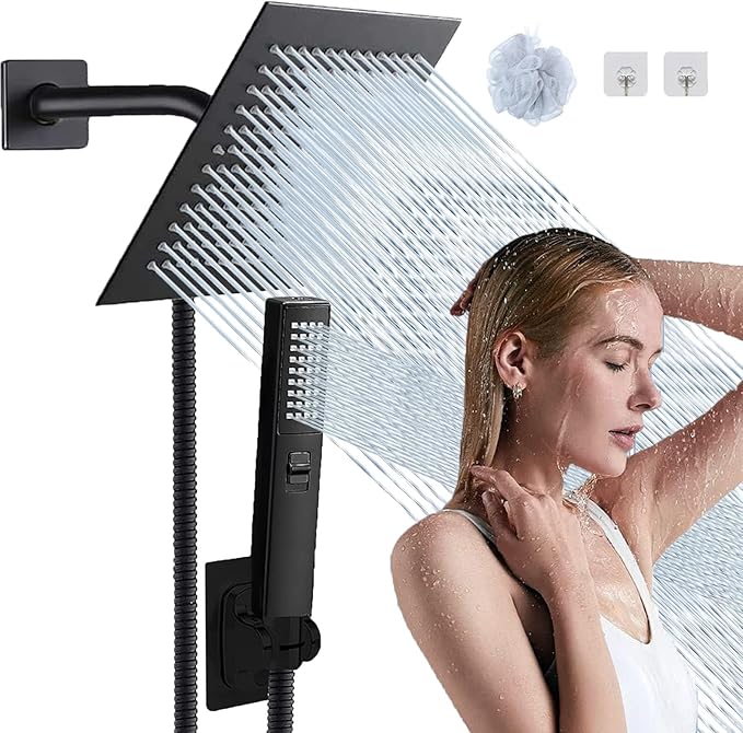 8"High Pressure Square Rain Shower Head and 2-in-1 Hand Shower.Equipped