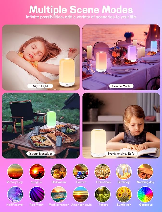 Smart Touch Bedside Table Lamp [Multi-Color & Warm Lights], 3600mA Cordless Small Table Lamp Rechargeable, 7 Colors & Fully Dimmable LED Night Lights for Bedroom Nightstand Nursery Living Room