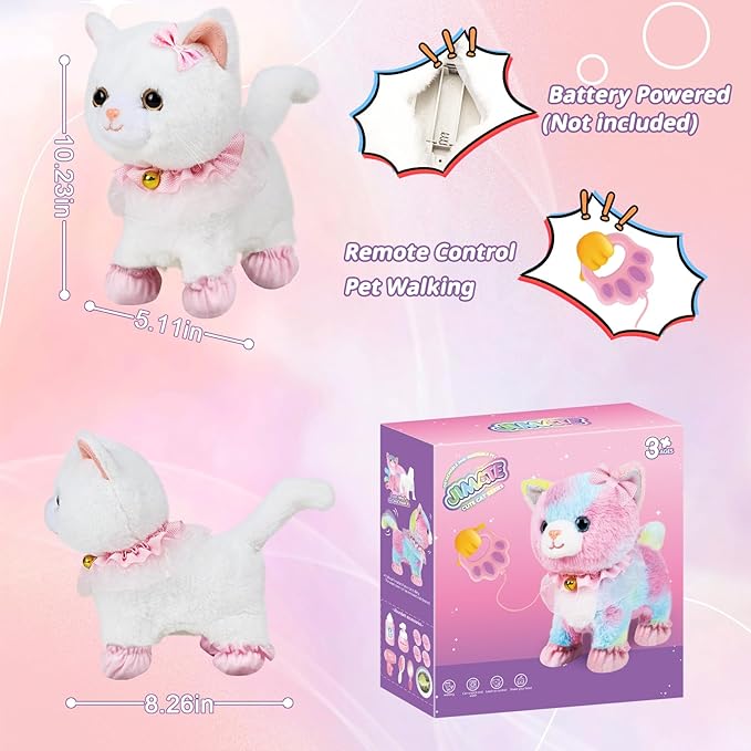 Interactive Electronic Plush Toy Walking and Barking Robot Cat Plush Cat Remote Control Kitten for Girls (White Cat)
