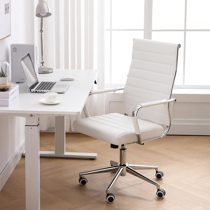 BOWTHY Home Office Chair Ribbed, Modern Leather Conference Room Chairs, Ergonomic Office Desk Chair, High Back Executive Computer Chair, Adjustable Swivel Chair with Arms (White)