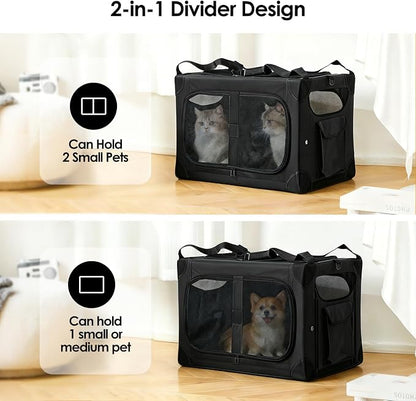 Extra Large 2-Cat Foldable Pet Travel Carrier,24"x17"x17",Black | Removable Divider, Metal Frame Support, Breathable Mesh Panels, With Storage Tote & Padded Straps