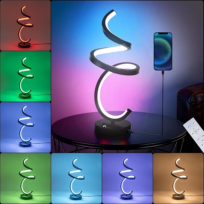 RGB Spiral LED Table Lamp, Dimmable Creative Bedside Lamp, Modern Color