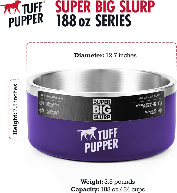 Tuff Pupper Heavy Duty Insulated Dog Bowl | Double Wall Stainless Steel Dog Food Dish | Non-Slip Spill Proof Dishwasher Safe Cat Bowl | Water Dish for Feeding Large Medium Small Pets (188oz, Purple)
