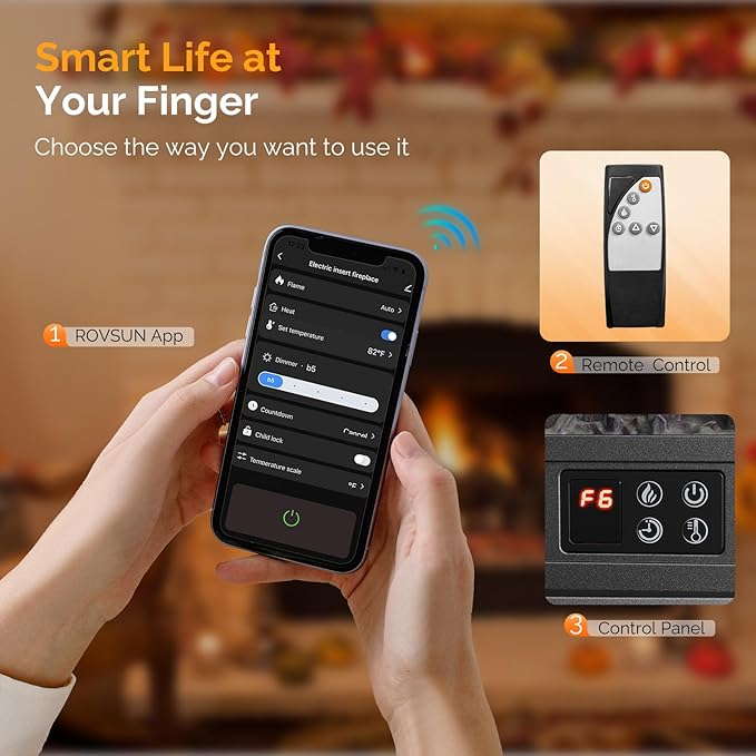 ROVSUN Electric Fireplace Stove, APP & Remote Control, Adjustable Temp