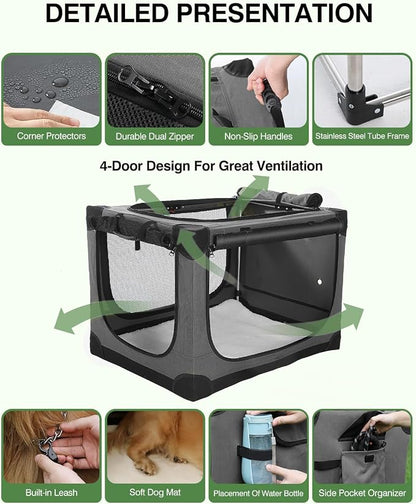 Veraste 33" Soft Collapsible Travel Dog Crate for Medium Large Dogs,Grey | 4-Door Foldable Travel Crate,breathable mesh, foldable with storage bag