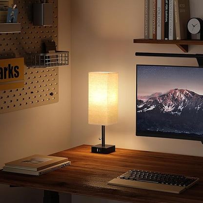 Beige Bedside Table Lamps Set of 2 - Square Bedroom Lamps with 3 Color Temperatures (3000K/5000K/4000K), Nightstand Lamps with USB C + A Charging Ports, Pull Chain Small Night Light for End Table