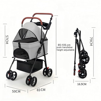 Pet Stroller Pram Dog Carrier Trailer 4 Wheels Foldable Dog with Storage Basket,Holds up to 44 lbs,Adjustable Handle,Folding Travel Stroller Suitable for Traveling with Cats and Dogs (Grey)