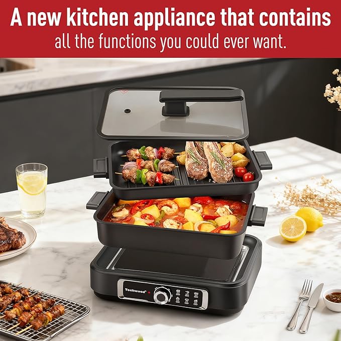 Electric Skillet, Techwood 7.5-Quart 2-in-1 Versatile Multi-Cooker
