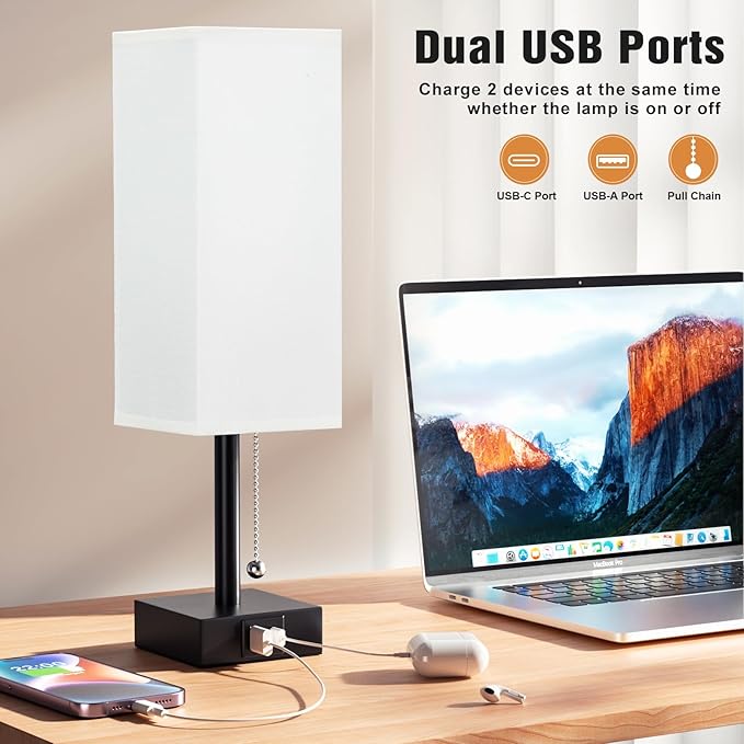 Bedside Table Lamps Set of 2 - Small White Bedroom Lamps with 3 Color Temperatures (3000K/5000K/4000K), Square Nightstand Lamp with USB C + A Charging Ports, Pull Chain Night Light