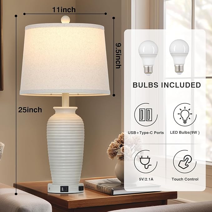 25" Vintage Farmhouse Jar Table Lamps, Single Rustic Bedside Lamp with USB A+C Ports & AC Outlet, Nightstand Lamps for Living Room, Bedroom, End Table, Cream(LED Bulb Included)
