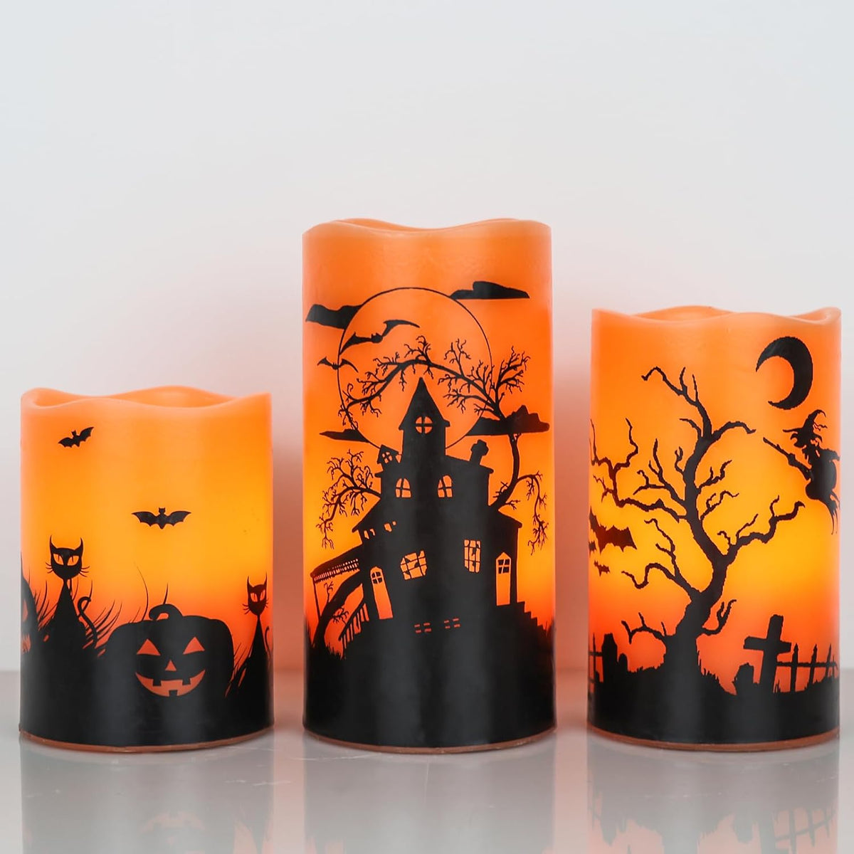 GenSwin Halloween Candles with Timer, Flickering Flameless Candles Battery Operated, 3 Pack Real Wax Pillar Candles for Halloween Home Decorations(D3” x H4”5”6”)