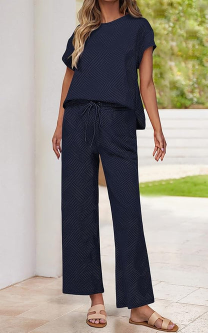 PRETTYGARDEN 2 Piece Outfits For Women Casual Tracksuit Short Sleeve Tops And Wide Leg Long Pants Matching Lounge Sets