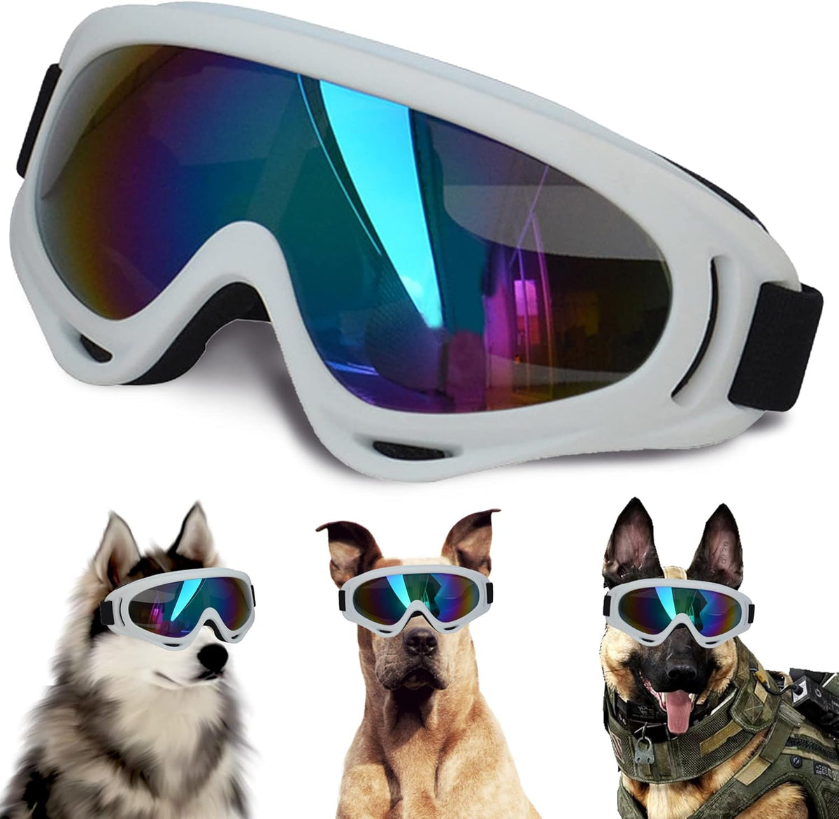 Large Dog Sunglasses With Adjustable Strap UV Protection, Windproof Puppy Eyewear, Suitable for Medium-Large Pets, Eyes Protection, Soft Goggles (White Frame)
