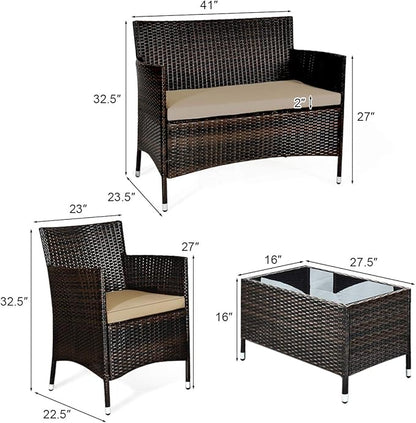 Goplus 4-Piece Rattan Patio Set, Outdoor/Indoor Wicker Conversation Set for Pool, Backyard, Lawn, Wicker Chairs and Sofa with Soft Cushion, Rattan Furniture with Tempered Glass Coffee Table