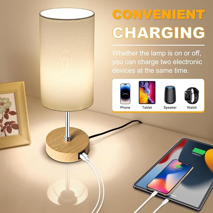 Unicozin Small Table Lamp, 3CCT & 7 RGB Color Changing, Dimmable Nightstand Lamp with Wood Grain Base, Touch Bedsides Lamp for Bedroom, Office, Kids Room, Nursery, Party, White Shade