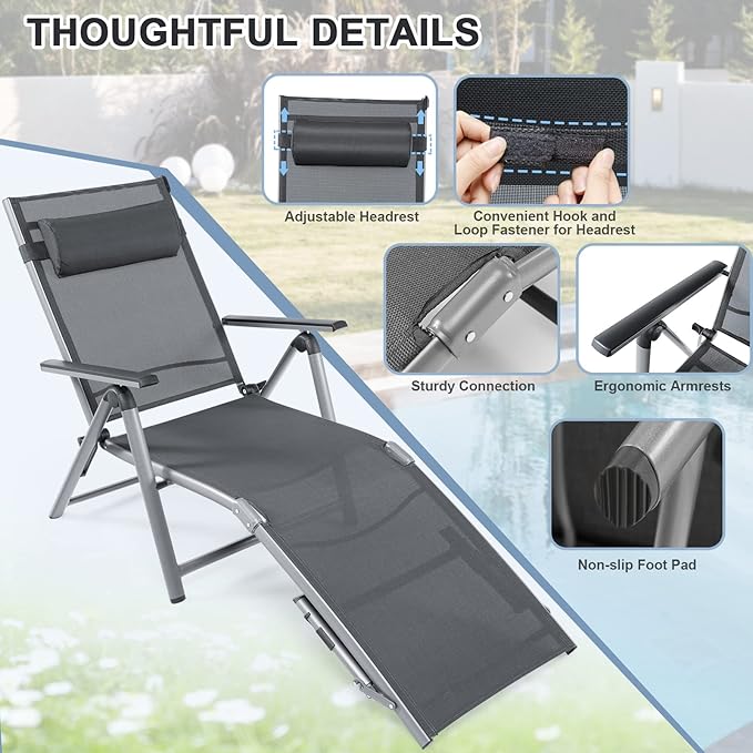 HAPPYGRILL Patio Lounge Chair Aluminum Chaise Lounge Chair with 8-Position Adjustable Backrest, 2-postion Footrest, Comfortable Headrest, Outdoor Folding Reclining Chair for Patio Poolside Backyard