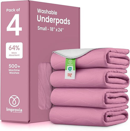 IMPROVIA® Washable Underpads, Heavy Absorbency Reusable Incontinence Pads for Kids, Adults, Elderly, and Pets, Waterproof Protection Floor (Pink and White, 18" x 24" - Pack of 4)