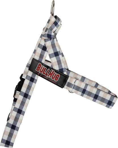 Adjustable Dog Harness– No Pull, No Choke – for English Bulldogs, French Bulldogs, Pugs & Broad-Chested Breeds – Easy, Safe Walks (Blue TAN Plaid, XL)