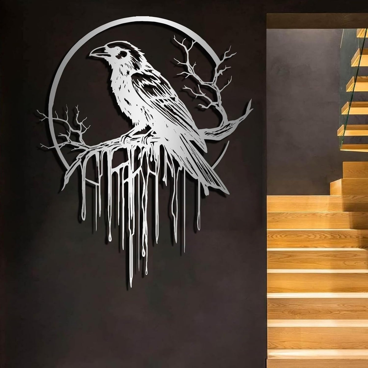 Crow Metal Wall Decor, Raven Wall Art, Large Gothic Raven Decor Hangings, Bird Wall Decor, Metal Tree Branch Decor, Ravens Sign, Raven Art for Living Room (Silver, 39"x31" | 100x80cm, metal wall art)