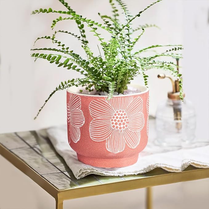 YBX 8 Inch + 6 Inch White Flower Pattern Plant Pots, Sand Glazed Ceramic Planter with Drainage Hole, Flower Pots for Indoor Plants, Red