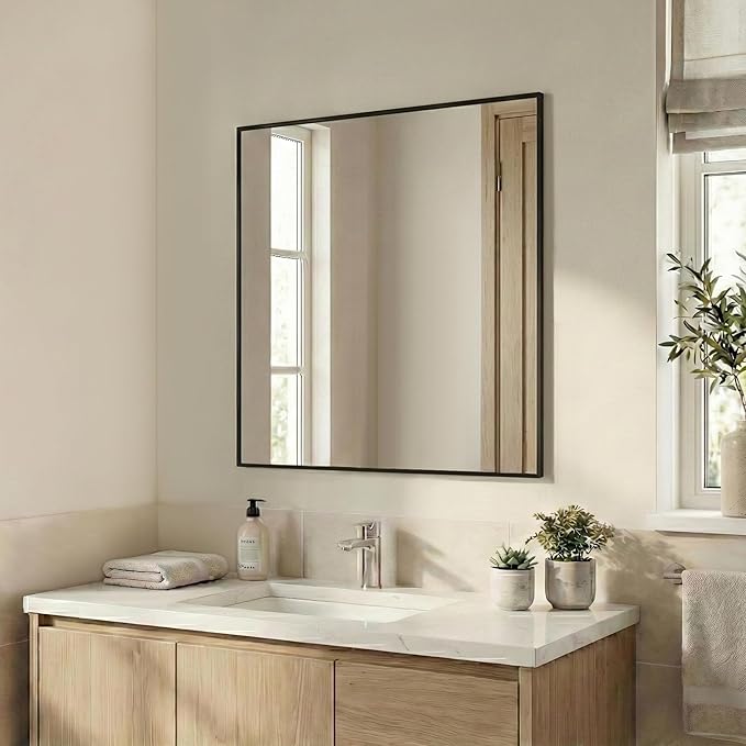 30''x30'' Square Black Bathroom Mirror, Matte Metal Framed Wall Mirror