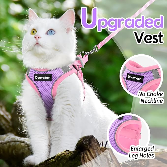 Dooradar Cat Harness and Leash Set, Escape Proof Lightweight Kitten Harness, Soft Breathable Reflective Vest for Outdoor Walking Traveling, Adjustable for Medium Cats, Purple & Pink, M