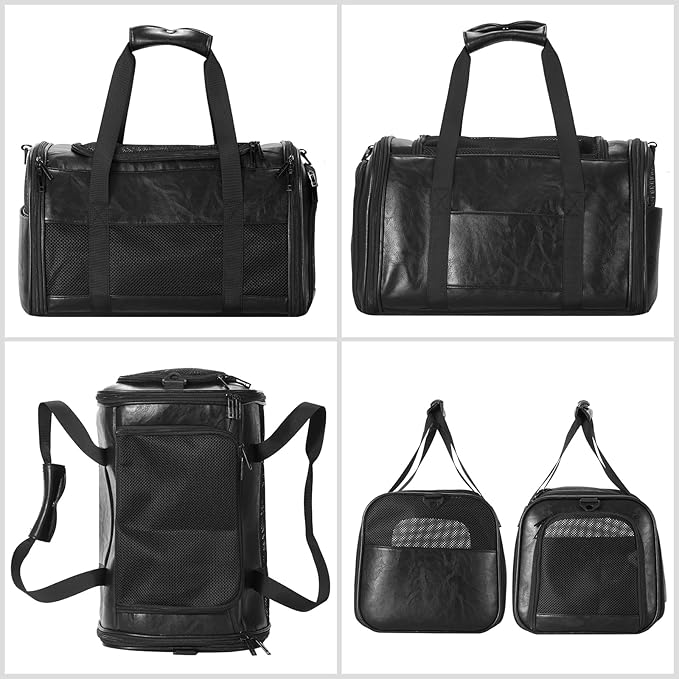 Fashion Leather Dog Carrier, Airline Approved Cat Carrier Soft Sided Pet Bag Carrier Purse for Puppy Kitten Small Animals Black