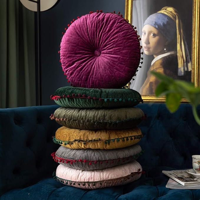 vctops Velvet Soft Round Chair Pads Cute Gradient Pom Pom Indoor Dining Chairs Cushion (Pink, Diameter 16")