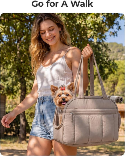 BAGSMART Dog Purse Carrier for Small Dogs Up to 13lbs Puppy Travel Tote Bag | Quilted Puffy Soft Sided Pet Handbag with Pockets, Collapsible Lightweight Portable Carrying with Safety Tether & Mat, Brown