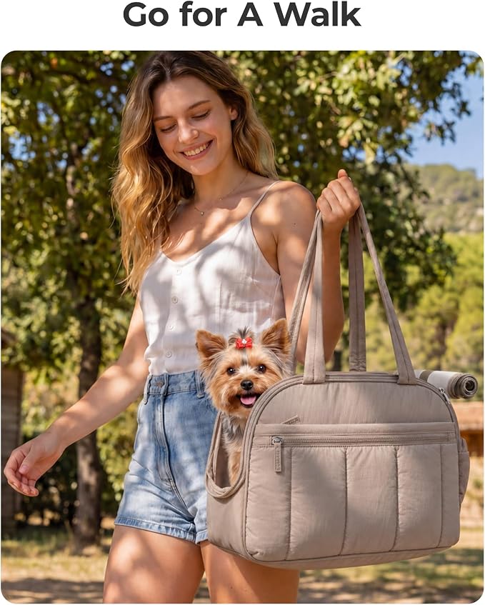 BAGSMART Dog Purse Carrier for Small Dogs Up to 13lbs Puppy Travel Tote Bag | Quilted Puffy Soft Sided Pet Handbag with Pockets, Collapsible Lightweight Portable Carrying with Safety Tether & Mat, Green