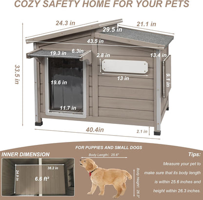 43" L Outdoor Extra Large Dog House with Removable Floor, Raised Feet, Anti-Chewing Iron Frame – Wooden Kennel with Asphalt Roof, Window for Indoor/Outdoor Use, Ideal for Medium to Large Dogs