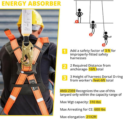 TRSMIMA Rope Harness Safety Lanyard：150ft Roofing Rope Fall Protection | Vertical Safety Harness Rope With Grab Snap Hooks Shock Absorber - Tree Climbing Line Kit Heavy Duty Safety Equipment ANSI CE