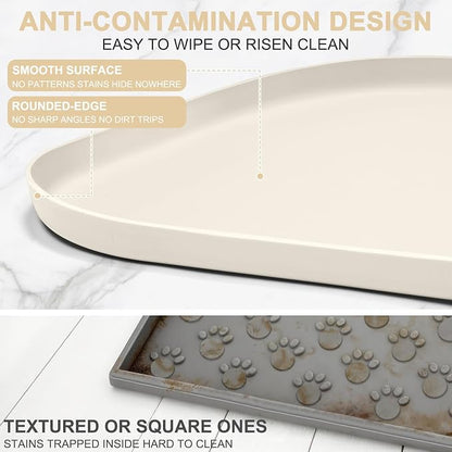 SMILOOL Waterproof Silicone Pet Food Mat with Raised Edge for Dog & Cat | 36" x 24" Non-Slip Large Pet Feeding Mats with Lip for Food & Water Bowl, Food Grade, Easy Cleaning, White Sand