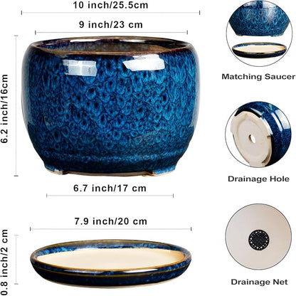 SQOWL 10 Inch Plant Pot - Ceramic Planter Pot with Drainage Hole and Saucer, Decorative Plant Pot for Indoor Outdoor Plants, Round Large Planter Flower Pot, Blue