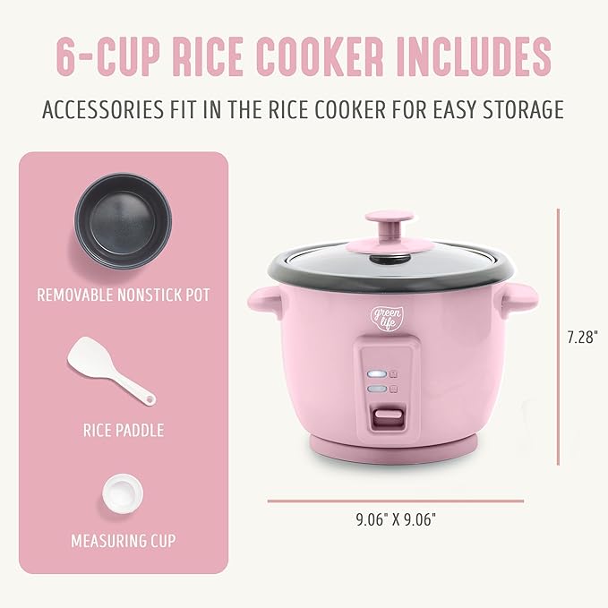 GreenLife Rice Cooker with Removable PFAS-Free Ceramic Nonstick Pot, 3-Cups