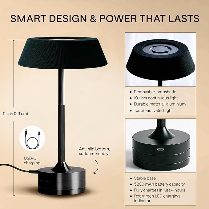 LED Cordless Table Lamp - Rechargeable Light for Home, Bedside, Kitchen - Small Dimmable Tap Lights - Battery Powered Touch Lamp for Desk Wireless - Black and Gold Lamp Shades, IP44, USB Type C Cable