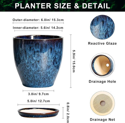 6 Inch Plant Pot - Ceramic Pots for Plants with Drainage Hole and Saucer, Ceramic Planters for Indoor Plants Outdoor, Decorative Round Planter, Room Home Decor, Gifts for Plant Lovers, Blue