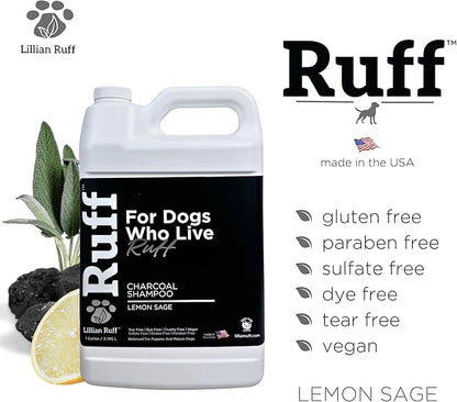 Ruff by Lillian Ruff Activated Charcoal Pet Shampoo – Lemon Sage – Deep Cleanser, Deodorizer & Stain Remover – Hydrates Dry Itchy Skin – Puppy & Dog Safe – USA Made (Gallon Pump)