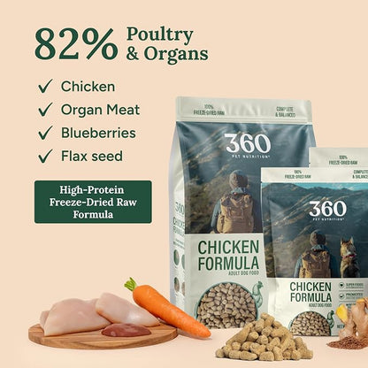 360 Pet Nutrition Freeze-Dried Raw Dog Food – Chicken Recipe with Liver & Organs, High Protein, Omega-3s, Fruits, Veggies & Superfoods, Grain-Free, No Fillers, 1 lb – Made in USA