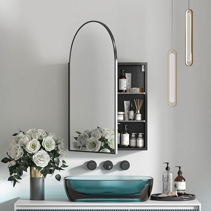 Arched Medicine Cabinet Mirror for Bathroom, Brushed Black Arch Mirror Cabinet
