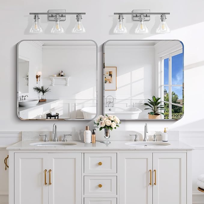 CILIBER Beveled Mirror 30"x30", Square Frameless Bathroom Mirror Rounded Corner